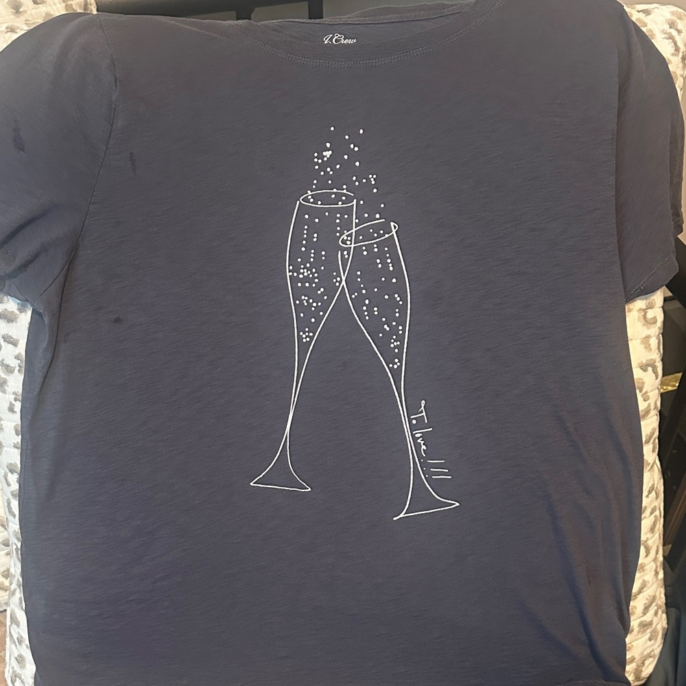 J. Crew Navy Blue Short Sleeve Tee with Champagne Glass Graphic